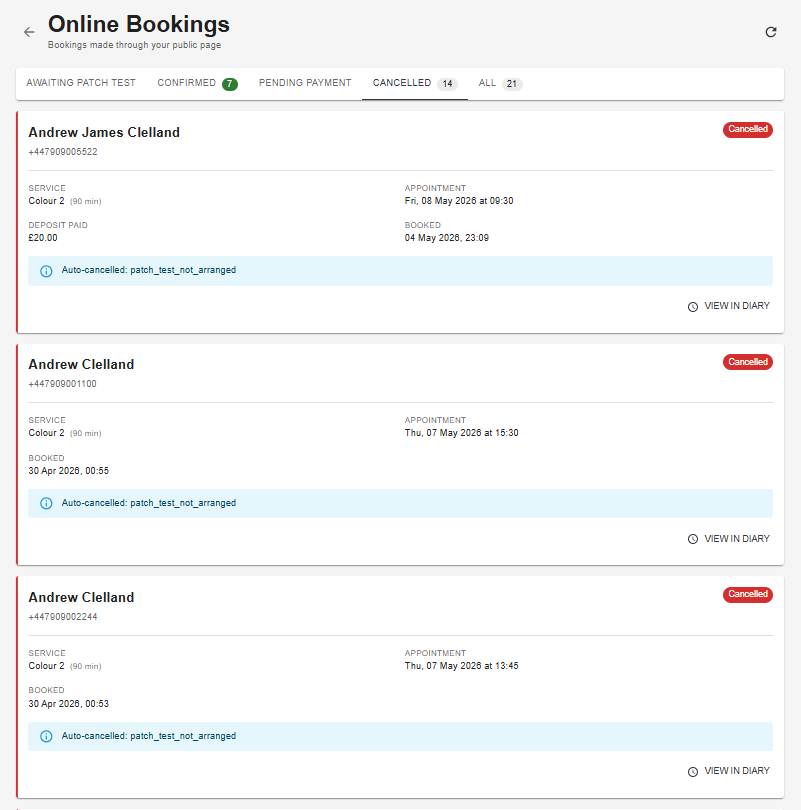 Cancelled bookings — auto-cancelled appointments show the cancellation reason