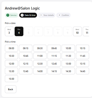 Step 2 — date and time picker showing available slots