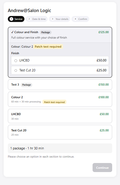 Package expanded — choice slot visible, Continue greyed out until an option is selected