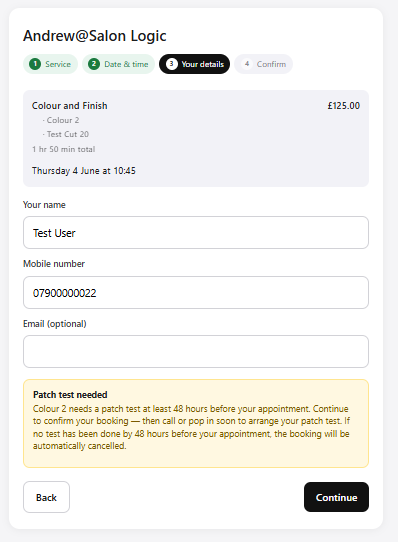 Step 3 — patch test notice shown automatically for colour services