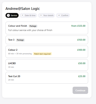 Step 1 — service and package list with prices