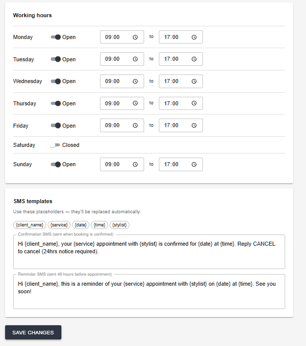 Working hours — set your available days and times