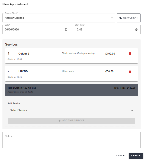 New appointment — client search, date, time, service selection, and live total