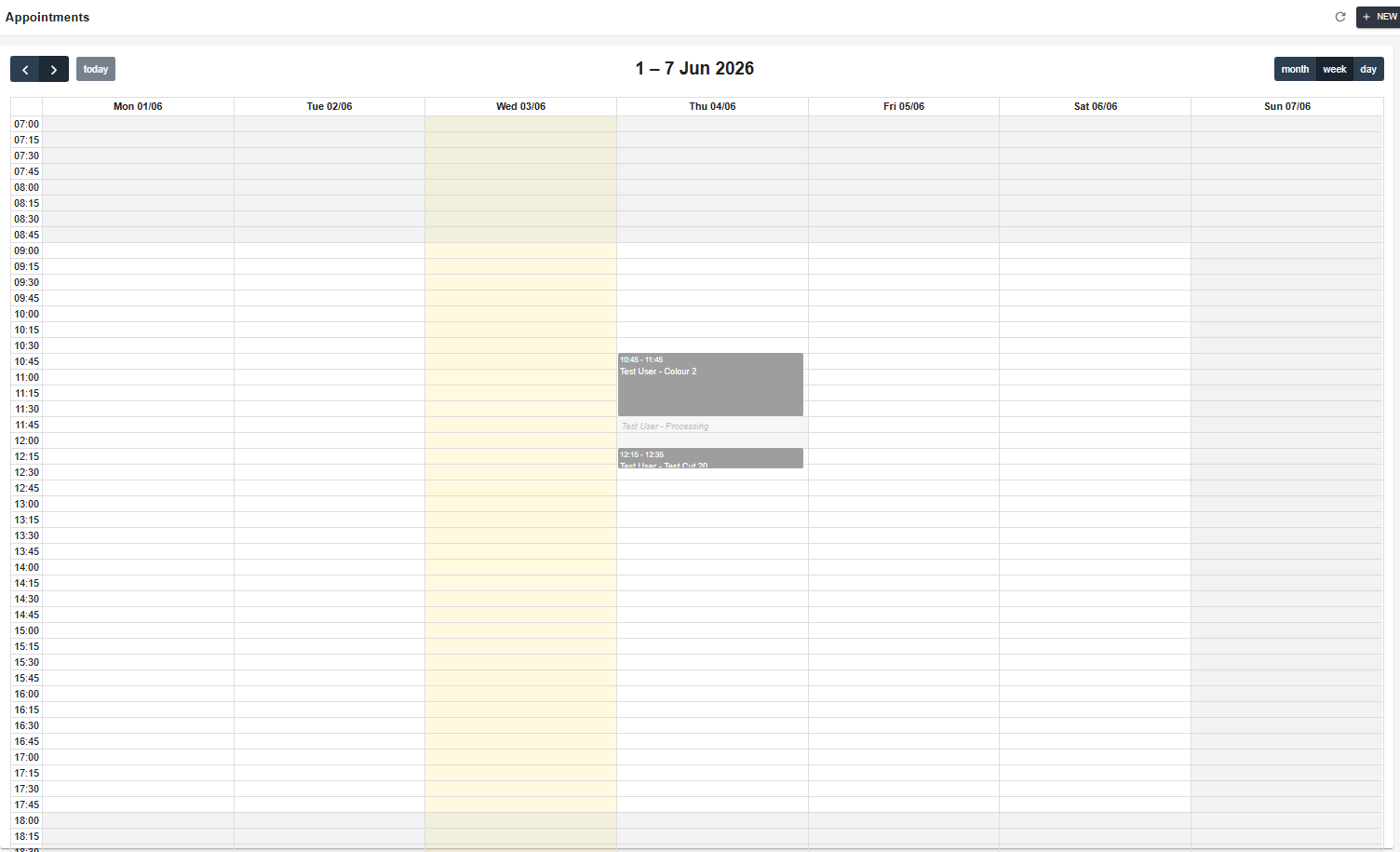 Diary — weekly view with appointments and processing time shown as distinct blocks