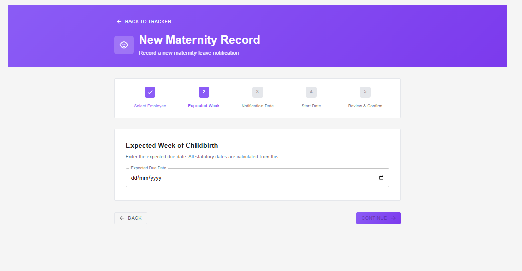Maternity — close-up of the Expected Week of Childbirth field