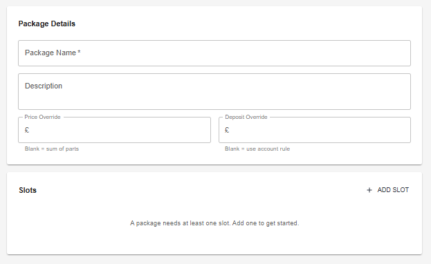 Add Package — name, price override, deposit override, and slots
