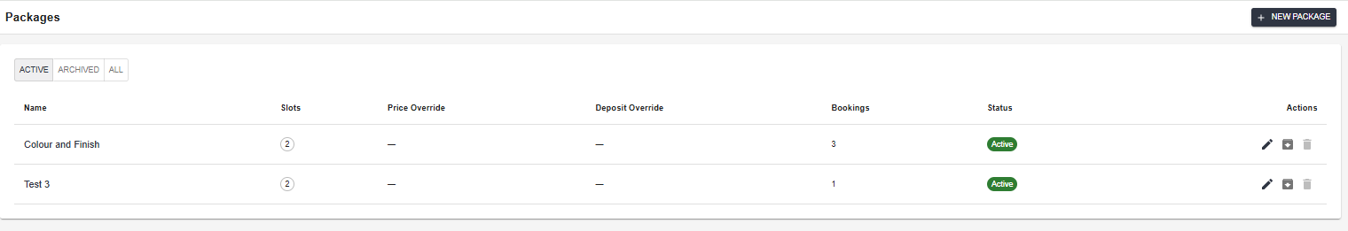 Packages — active packages with slot count, price override, and booking count