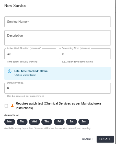 Add Service — duration, processing time, price, patch test flag, and available days