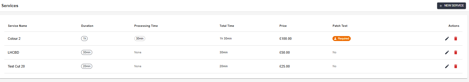 Services — duration, processing time, total time, price, and patch test requirement per service