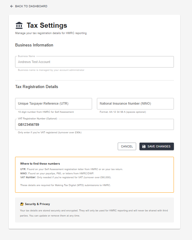 Tax Settings — UTR, NI number, and VAT registration number